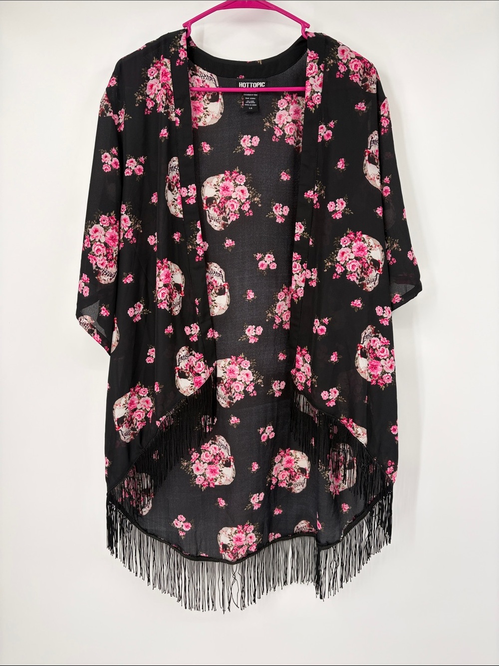 Hot Topic Black and Pink Skull Floral Print Fringe Open Cardigan Size Large